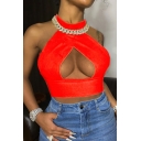 Sexy Womens Tank Cut Out Decoration Sleeveless Slim Fit Crop Tank Top in Red