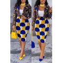 Elegant Womens Set Floral Print Long Sleeve Slim Fit Crop Blazer & Midi Tight Skirt Set in Blue-Yellow