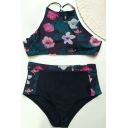 Summer Sexy Halter-Neck Tropical Floral Printed Retro High-Waist Black Swimwear