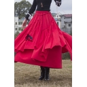 Womens Leisure Skirt Linen and Cotton Plain Elastic Waist Bi-layered Mid A-line Pleated Skirt