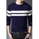 Retro Mens Sweater Stripe Pattern Ribbed Trim Long Sleeve Slim Fitted Round Neck Sweater