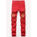 Men's Hot Fashion Letter Graphic Printed Slim Fit Red Casual Jeans