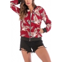 Fashion Womens Jacket Allover Crane Printed Long Sleeve Zip Up Slim Fitted Jacket