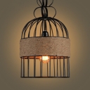Wrought Iron Birdcage Pendant Light Fixture Rustic 1 Head Restaurant Ceiling Lamp with Rope Decor in Black