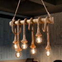Flaxen Exposed Bulb Design Hanging Lamp Lodge Hemp Rope Dinette Island Light with Bamboo Pole