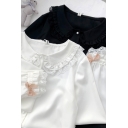 Fancy Women's Shirt Blouse Lace Trim Button Closure Tie Detailed Peter Pan Collar Long Sleeve Regular Fitted Shirt Blouse