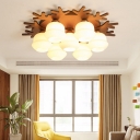 White Glass Bud Shaped Ceiling Flush Mount Light Modern Flush Mounted Lamp with Wooden Antler Decor