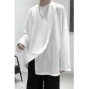 Guys Cool Tee Top Solid Color Long Sleeve Crew Neck Patched Loose Fit T Shirt