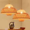 Chinese Hot Pot-Shaped Ceiling Light Bamboo Single Restaurant Hanging Pendant Light in Wood