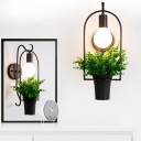 Single Exposed Bulb Design Wall Light Rustic Black Metal Wall Sconce with Artificial Bonsai