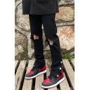 Black Chic Jeans Plain Mid Waist Button Sides Long Fitted Jeans for Boys