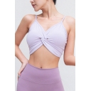 Womens Cami Top Stylish Plain Color Twist-Front Gathered Quick Dry Ventilation Cropped Sleeveless Spaghetti Strap Slim Fitted Yoga Bra