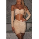Womens Co-ords Trendy Bright Silk Ruched Drawstring Long Sleeve off the Shoulder Cropped Tee Shirt High Waist Slim Fit Mini Bodycon Skirt Set
