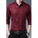 Leisure Men's Shirt Stripe Pattern Chest Pocket Button Fly Turn-down Collar Fleece Lined Long Sleeve Regular Fitted Shirt