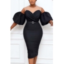 Womens Fashion Dress Sheer Mesh Patched Puff Sleeve Cold Shoulder Belted Midi Tight Dress