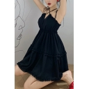 Creative Womens Dress Solid Color Frill-Trimmed Strap Halter Neck Knee-Length A-Line Swing Dress