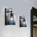 Double-Bell Shaped Foyer Wall Light Kit Ombre Blue Glass 1 Bulb Nordic Sconce Fixture in Black