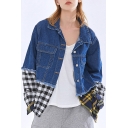 Street Womens Jacket Plaid Print Patched Long Sleeve Spread Collar Button Up Loose Fit Denim Jacket in Blue