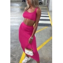 Edgy Girls Set Solid Color Scoop Neck Sleeveless Ribbed Crop Tank & Mid Shift Skirt Set