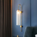 Retro Flute Wall Mount Light Glass 1-Bulb Bedside Wall Sconce with Gooseneck Arm in Brass