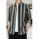 Unique Men's Shirt Stripe Pattern Contrast Panel Button Fly Turn-down Collar Long Sleeve Regular Fitted Shirt