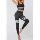 Fancy Women's Training Set Contrast Stripe Pattern Round Neck Sleeveless Tank Top with High Waist Skinny Leggings Active Set