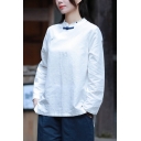 Vintage Womens Shirt Linen and Cotton Long Sleeve Mandarin Collar Frog Button Relaxed Fit Shirt Top