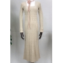Camel Stylish Dress Cable Knitted Long Sleeve Square Neck Mid A-line Sweater Dress for Ladies