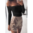 Sexy Plain Off the Shoulder Long Sleeve Cropped Blouse