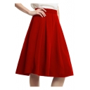 High Waist Plain Pleated Midi A-Line Skirt