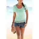Fashionable Women's Tee Top Heathered Solid Color Tassel Hem Round Neck Short Sleeve Regular Fitted T-Shirt