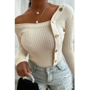 Fancy Women's Knit Top Solid Color Button Front Boat Neck Rib Knit Long Sleeve Regular Fitted Knit Top