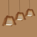 Brown Trapezoid Pendulum Light Asian 1-Head Wooden Pendant Light with Fabric Shade Inside