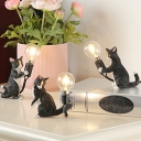 Resin Cat Statuette Table Lighting Cartoon Single-Bulb Nightstand Light for Bedroom