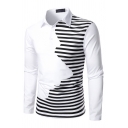 Classic Mens Polo Shirt Zebra Stripe Pattern Button Detail Long Sleeve Turn-down Collar Slim Fit Polo Shirt