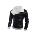 Winter Popular Two-Way Collar Long Sleeve Oblique Zip Black PU Leather Fleece Fitted Jacket Coat