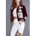 Fashion Stand-Up Collar Embroidery Floral Tiger Pattern Baseball Jacket