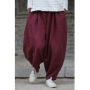 Vintage Girls Pants Linen and Cotton Plain Elastic Waist Ankle Baggy Pants