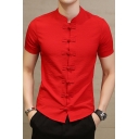 Stylish Men's Blouse Solid Color Frog Button Stand Collar Short Sleeve Regular Fitted Blouse