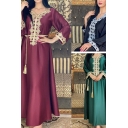 National Wind Womens Dress Flower Embroidery Long Sleeve V Neck Maxi Muslim Swing Dress