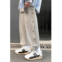 Simple Mens Pants Button Sides Mid Waist Plain Long Length Wide-leg Pants