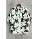 Cozy Men's Shirt Floral Pattern Button Fly Turn-down Collar Short Sleeve Relaxed Fit Shirt