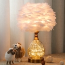 White Sphere Table Light Nordic 1 Bulb Feather Night Lamp with Teardrop Shaped Glass Base
