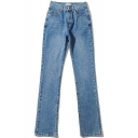 Retro Women's Jeans Faded Wash Zip Fly High Waist Slant Pocket Long Straight Jeans