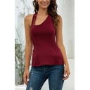 Fancy Women's Tank Top Solid Color Spaghetti Strap Hollow out Sleeveless Regular Fitted Cami Top
