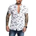 Mens Hot Stylish White Short Sleeve Lapel Collar Printed Loose Cool Unique Shirt
