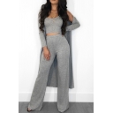 Chic Womens Three Pieces Plain Color Rib Knit Cropped Tank Top Long Sleeve Open Front Coat High Waist Straight Pants Set