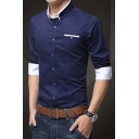 Mens Shirt Simple Contrast Trim Button down Slim Fit Long Sleeve Turn-down Collar Shirt