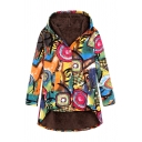 Retro Tribal Print Hooded Long Sleeve Zip Up Long Cotton Padded Coat Outerwear