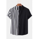 Mens Cool Shirt Color Block Vertical Stripe Pattern Panel Button down Fitted Spread Collar Half Sleeve Shirt
